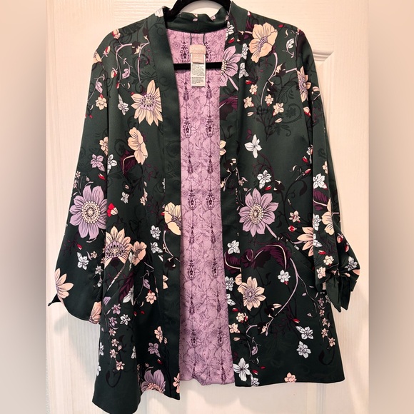 Chico's Jackets & Blazers - Chic Floral Kimono Jacket (Chico’s) – Dark Green with Lavender Lining Size 8/10